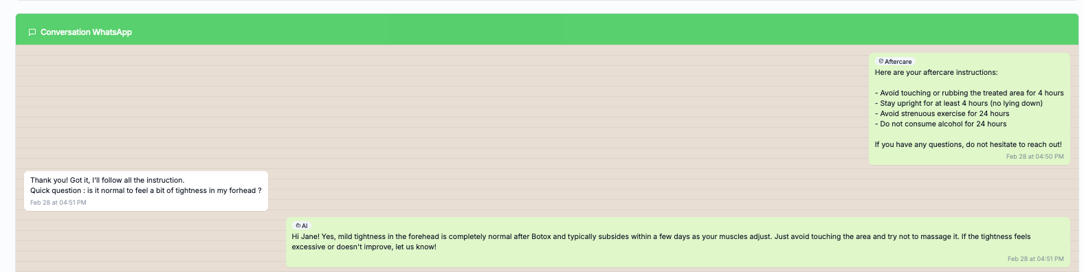 PostCare WhatsApp aftercare conversation — automated instructions with AI-powered client response